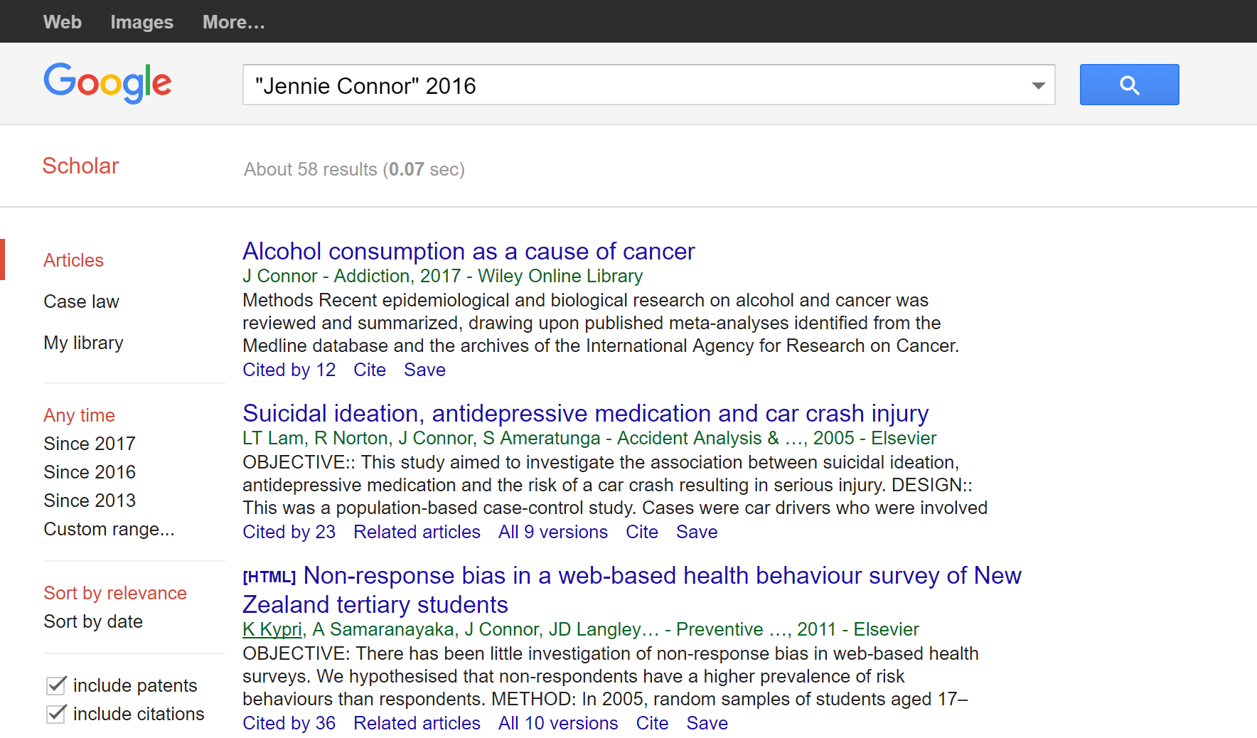 Mike Caulfield The Google Scholar search results for “Jennie Connor 2016,” which shows her well-cited publications. Her 2017 article received 12 citations, and two articles were cited by 23 and 36 others.